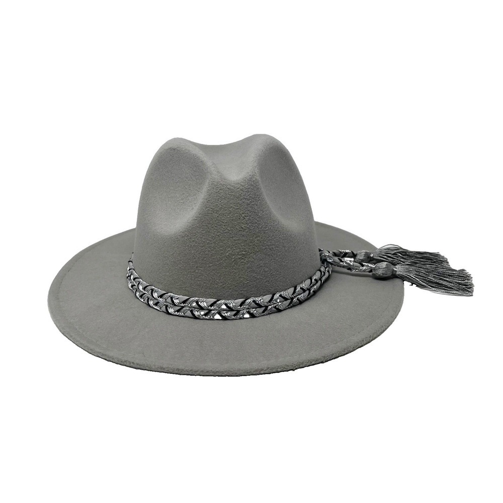 Marcus Adler Gray Felt Panama Fedora Hat Braid Trim Tassels Boho OS